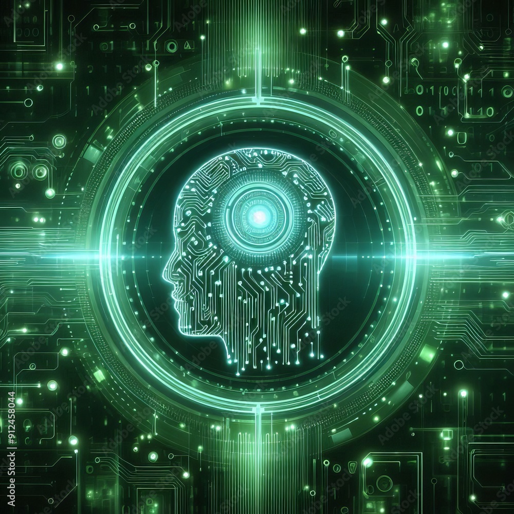 Obraz premium Green AI background with digital and futuristic elements, glow-in-the-dark, artificial intelligence technology based on data science and innovation in internet cyberspace.
