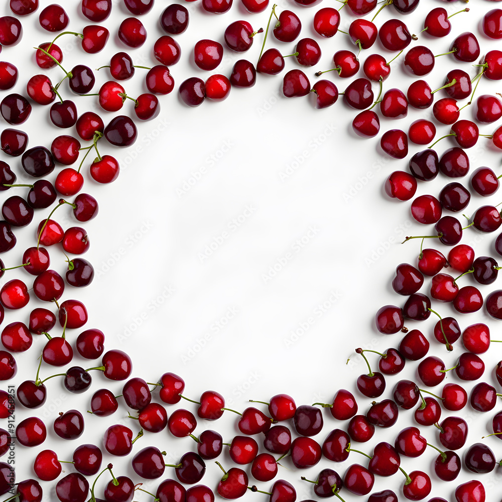 Obraz premium Red cherries on white background. Top view. Flat lay.