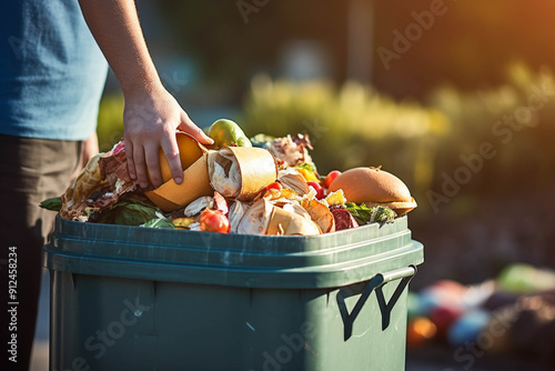 A person discards food waste into a green bin during sunset, highlighting the importance of proper waste disposal. photo