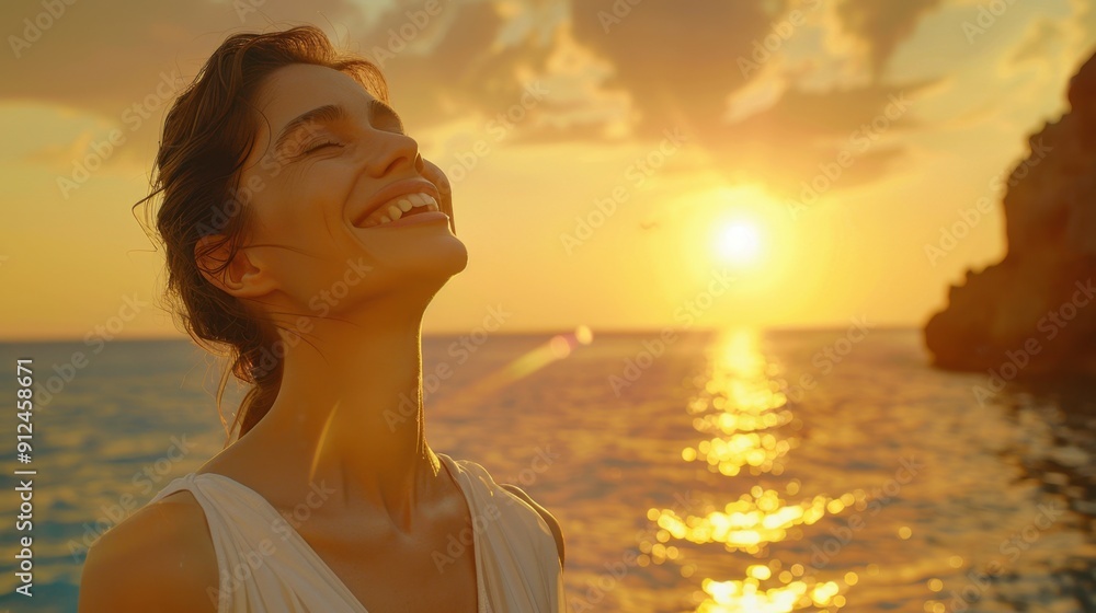 Woman enjoying the sunset at the beach, smiling and embracing the warm sun and serene ocean view. Woman enjoying the sunset at the beach, smiling and embracing the warm sun and serene ocean view.