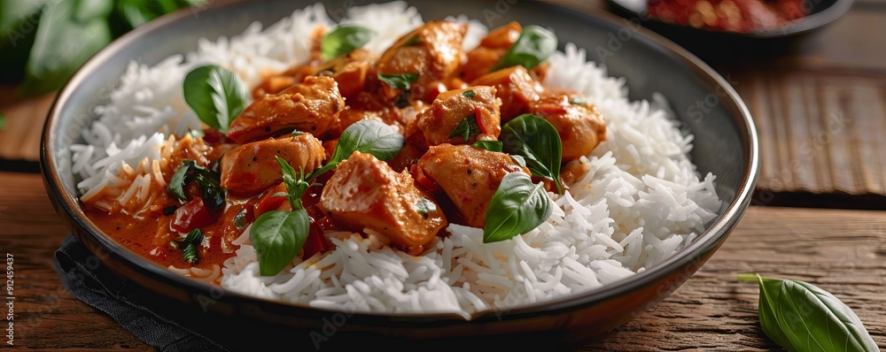 Spicy chicken curry with fragrant basmati rice, 4K hyperrealistic photo Spicy chicken curry with fragrant basmati rice, 4K hyperrealistic photo