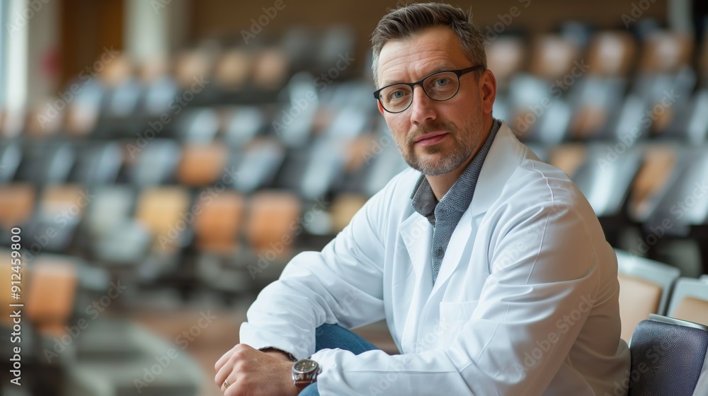 Portrait of male teacher in lab coat sitting in lecture hall Portrait of male teacher in lab coat sitting in lecture hall