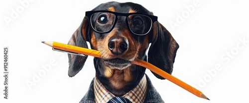 office worker businessman sausage dachshund dog as boss and chef , with pencil or pen in mouth isolated on white background