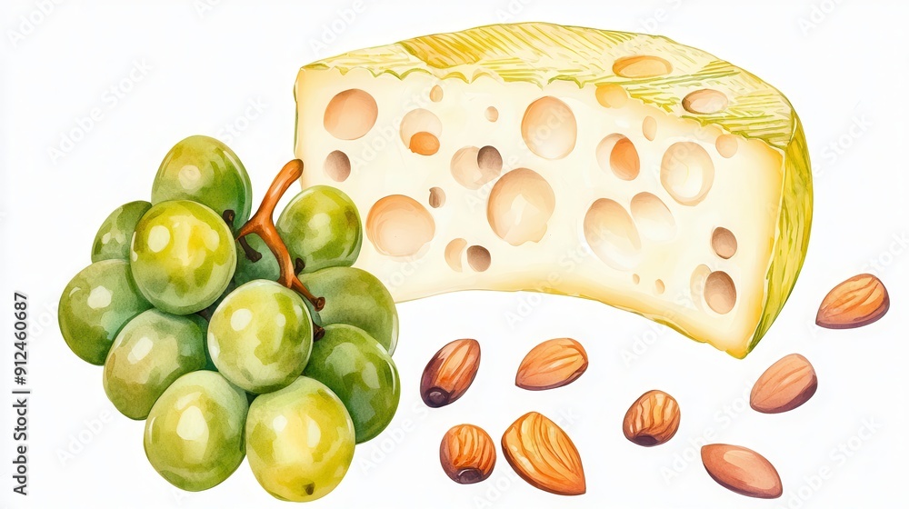 Edam cheese, mild edam with green grapes and almonds, simple yet elegant, Watercolor style Edam cheese, mild edam with green grapes and almonds, simple yet elegant, Watercolor style