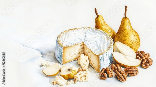 Stilton cheese, bold stilton with pears and walnuts, sophisticated pairing, Watercolor style