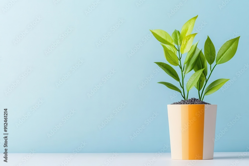 A vibrant green plant in a modern pot against a soft blue background, perfect for home or office decor. A vibrant green plant in a modern pot against a soft blue background, perfect for home or office decor.
