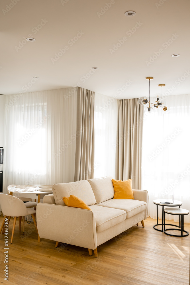 Interior of spacious luxurious living room with comfortable sofa next to bright windows at contemporary home Interior of spacious luxurious living room with comfortable sofa next to bright windows at contemporary home