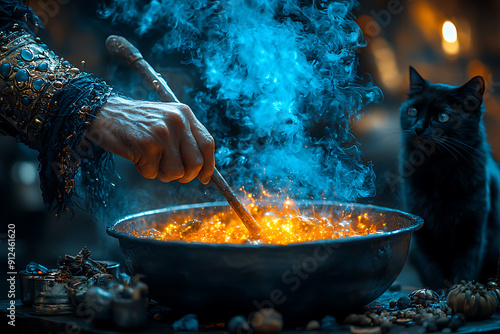 A witch's hand stirs a bubbling potion in a cauldron as a black cat watches, surrounded by magical ingredients.
 photo