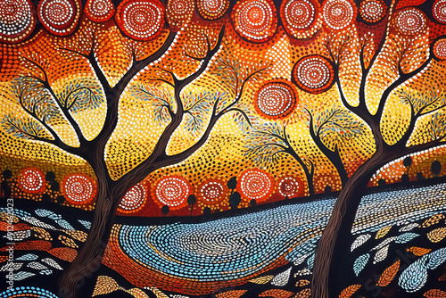 Australian Aboriginal traditional dot painting style art with a river with ducks and a landscape. photo