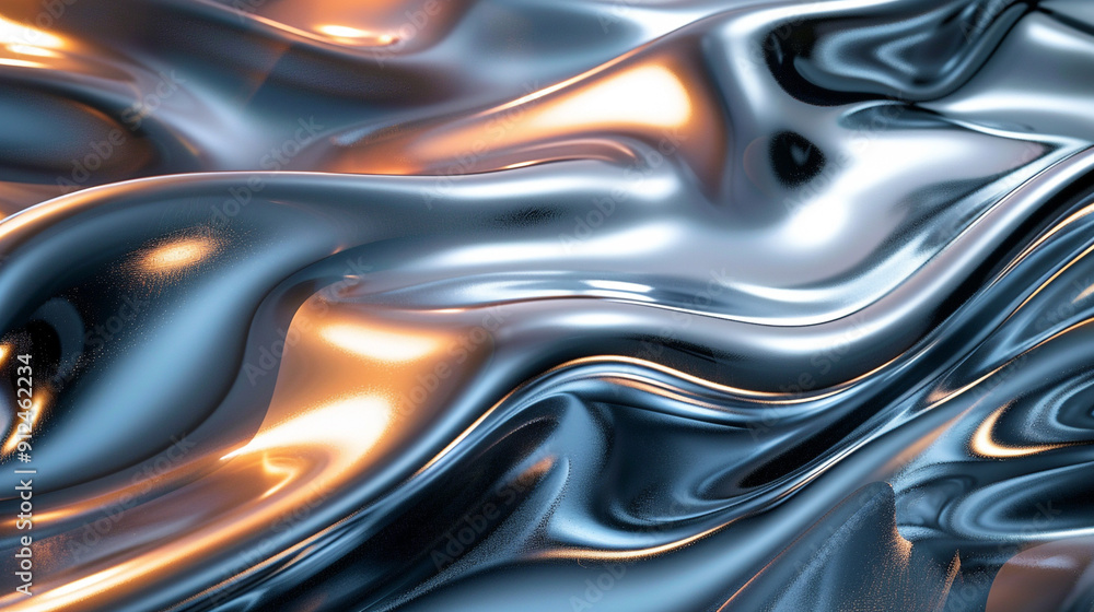 An abstract wave of fluid metallic colors, reflecting light in different directions with hints of gold and silver, creating a dynamic flow. An abstract wave of fluid metallic colors, reflecting light in different directions with hints of gold and silver, creating a dynamic flow.