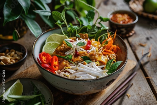 Thai spicy meal, noodles with chicken and vegetables in bowl on wooden table