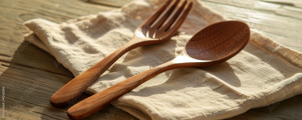 Wooden spoon and fork on a napkin, 4K hyperrealistic photo Wooden spoon and fork on a napkin, 4K hyperrealistic photo