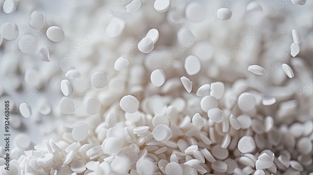 macro shot of white plastic pellets falling in the center of the picture and bouncing, no background, neutral tones macro shot of white plastic pellets falling in the center of the picture and bouncing, no background, neutral tones