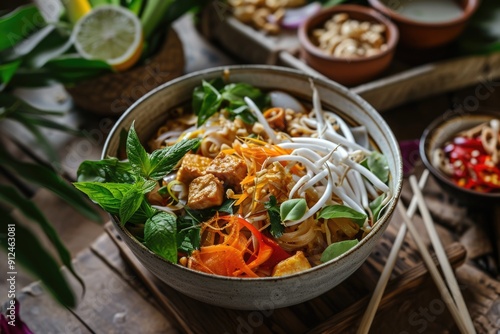 Asian style noodles with chicken and vegetables in a bowl on a wooden table