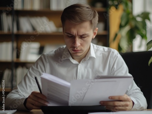A person sitting at a desk with papers and pen, likely engaged in paperwork or writing