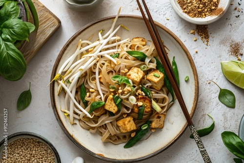 Asian noodles with tofu, vegetable and sesame seeds in bowl over white stone background. Top view, flat lay