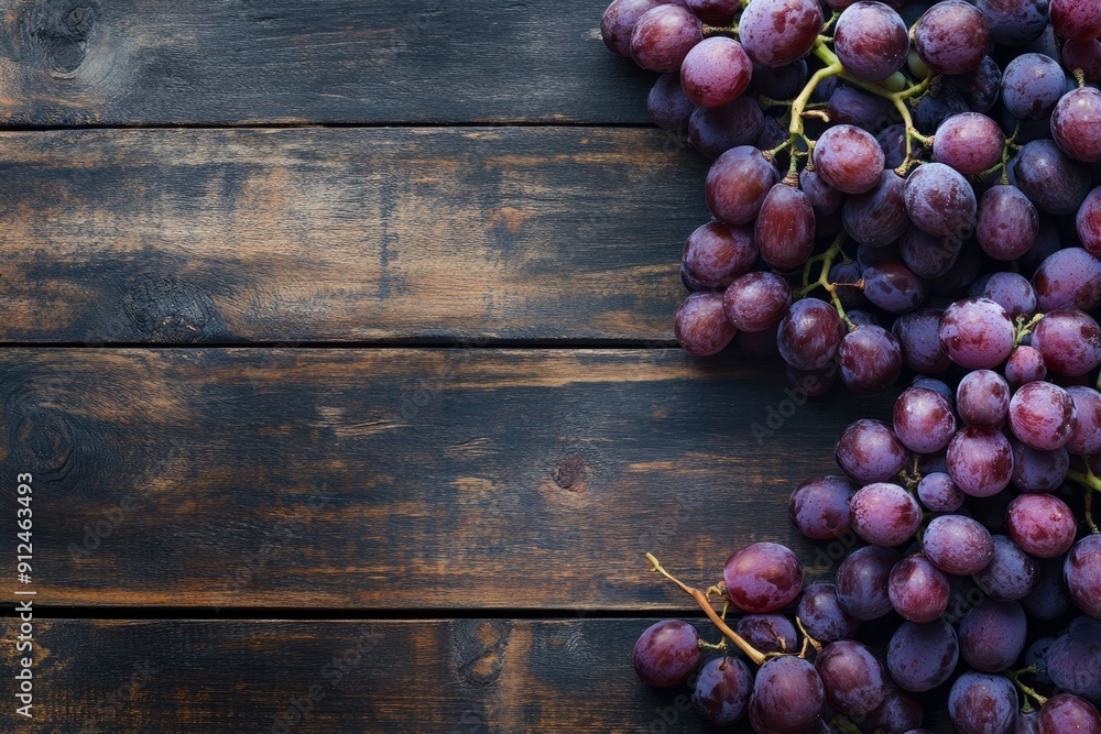 top view of wooden table grape fruit composition, one color background and copy space with generative ai top view of wooden table grape fruit composition, one color background and copy space with generative ai