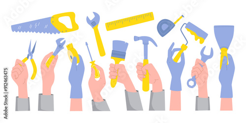 Cartoon human hands holding manual tools for repair work, building construction and carpentry set