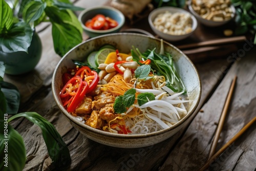 Thai spicy noodle dish with chicken and vegetables on wooden background