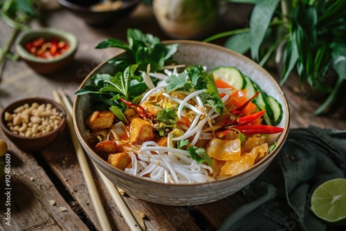 Pad Thai, Rice noodles with chicken and vegetables in bowl on wooden table.