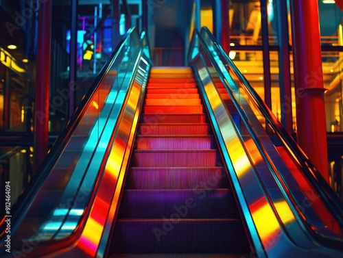 Colorful escalator in a modern building, perfect for corporate or urban scene