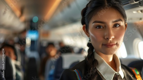 Close-up portrait of a young Quechua female flight attendant