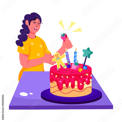 Character based flat illustration of cake decoration 