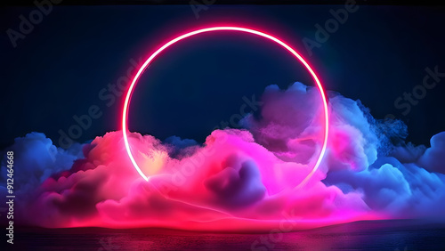 3d render, abstract cloud illuminated with neon light ring on dark night sky, round frame.