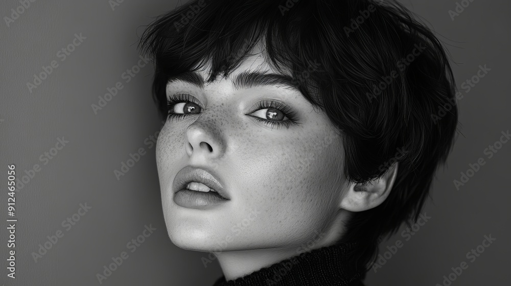 Portrait of a Young Woman With Short Hair and Freckles in Black and White Portrait of a Young Woman With Short Hair and Freckles in Black and White