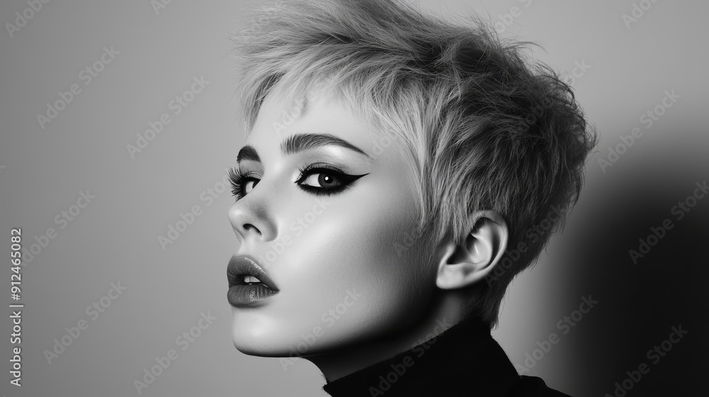 Elegant Black and White Portrait of a Model With Short Hair and Bold Makeup Elegant Black and White Portrait of a Model With Short Hair and Bold Makeup