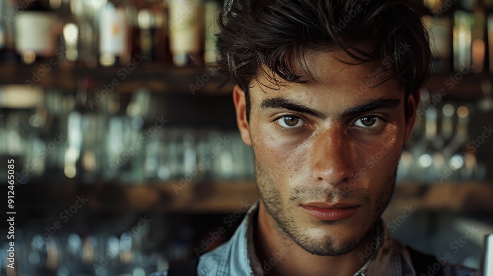 Close-up portrait of a young Spanish-Argentinian male bartender in a bar setting. Close-up portrait of a young Spanish-Argentinian male bartender in a bar setting.