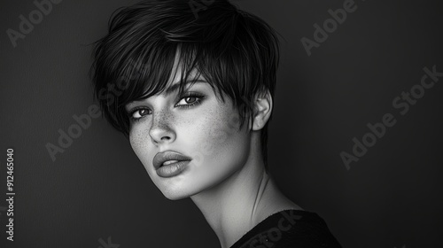 Elegant Portrait of a Young Woman With Short Hair in Black and White