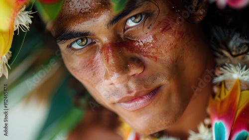 Close-up portrait of a young Tahitian male dancer. photo