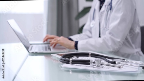 Stethoscope and clipboard are lying on the glass table while doctor woman is using tablet computer on the glass table. Medicine concept