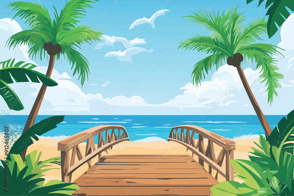 Beach with palm trees and a wooden bridge over the sea background vector illustration Beach with palm trees and a wooden bridge over the sea background vector illustration