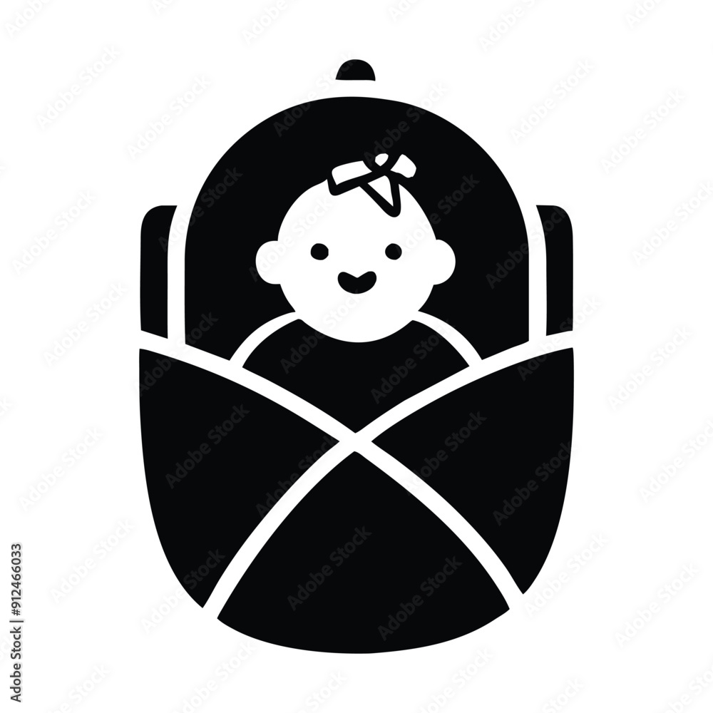 Obraz premium Black and white illustration of a baby girl in a swaddle blanket. Vector illustration