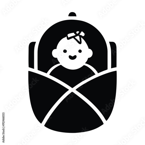 Black and white illustration of a baby girl in a swaddle blanket. Vector illustration