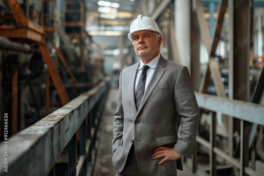 A man in a suit and a hard hat stands in front of a building. He is wearing a tie and a white helmet A man in a suit and a hard hat stands in front of a building. He is wearing a tie and a white helmet