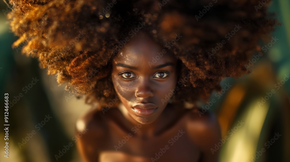 Close-up of a young woman with intense brown eyes and curly hair Close-up of a young woman with intense brown eyes and curly hair