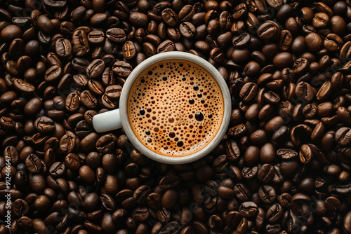 Cup of Coffee Surrounded by Roasted Coffee Beans