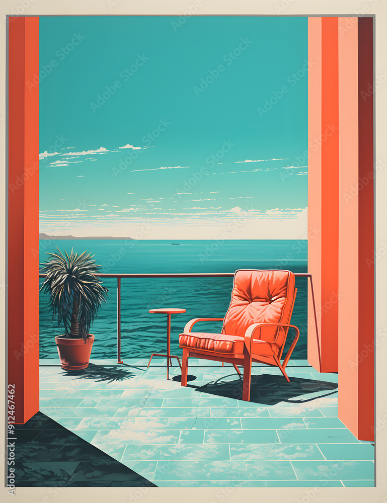Fototapeta premium Coastal Balcony View with Vibrant Colors and Relaxing Ambiance