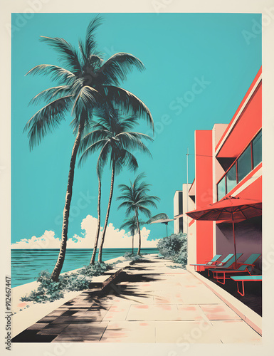 Retro Tropical Print with Palm Trees and Modern Architecture