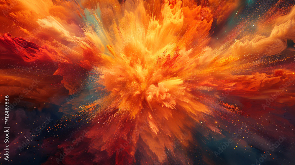 A radiant explosion of warm powder colors, with fiery oranges, reds, and yellows bursting and blending in a dynamic, sunlit display. A radiant explosion of warm powder colors, with fiery oranges, reds, and yellows bursting and blending in a dynamic, sunlit display.