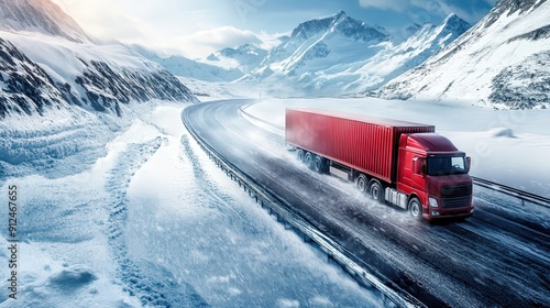 A large semi truck is driving down a snowy mountain road