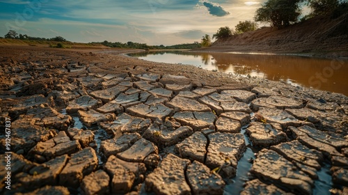 Dry riverbed depicting drought and climate change  realistic image of cracked earth and scant water photo