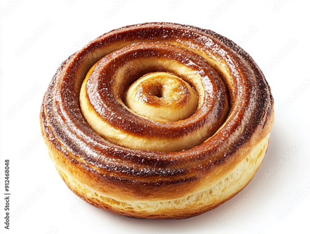 A single brown cinnamon bun on a white background A single brown cinnamon bun on a white background