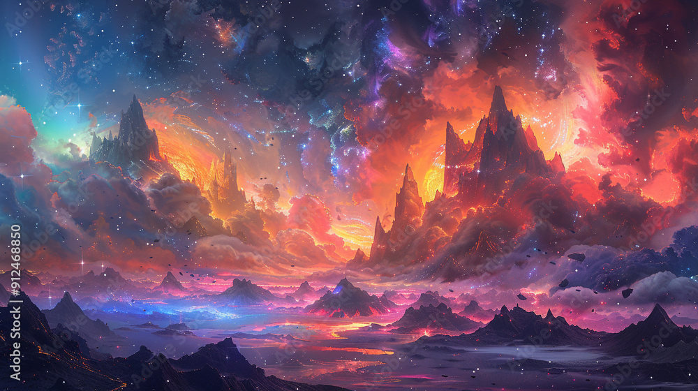 A surreal digital painting of a dreamscape, with floating islands, impossibly tall mountains, and a sky filled with swirling colors and stars. A surreal digital painting of a dreamscape, with floating islands, impossibly tall mountains, and a sky filled with swirling colors and stars.