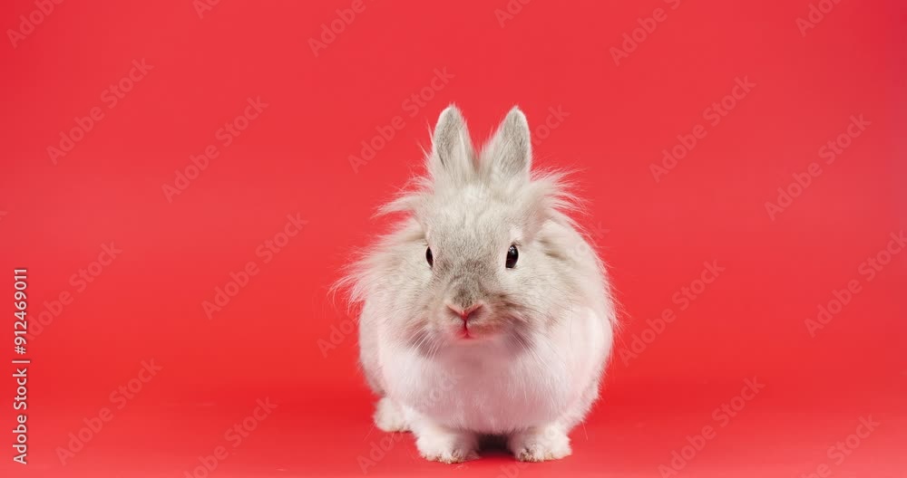 Decorative Domestic Rabbit Sits on a Red Background. Adorable Little Bunny Looks Around. Healthy Animals and Pets Concept. Easter Decorative Domestic Rabbit Sits on a Red Background. Adorable Little Bunny Looks Around. Healthy Animals and Pets Concept. Easter