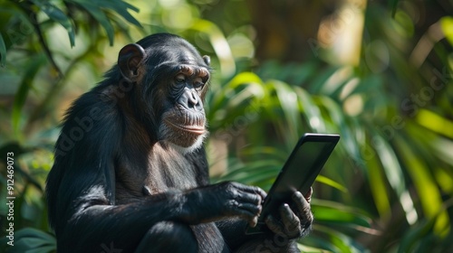 A monkey using a tablet in a jungle setting illustrating the durability of a rugged tech device