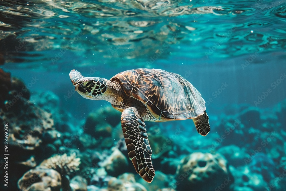 Fototapeta premium A wise old turtle swimming through clear water copy space for promoting environmental protection. (Ocean conservation